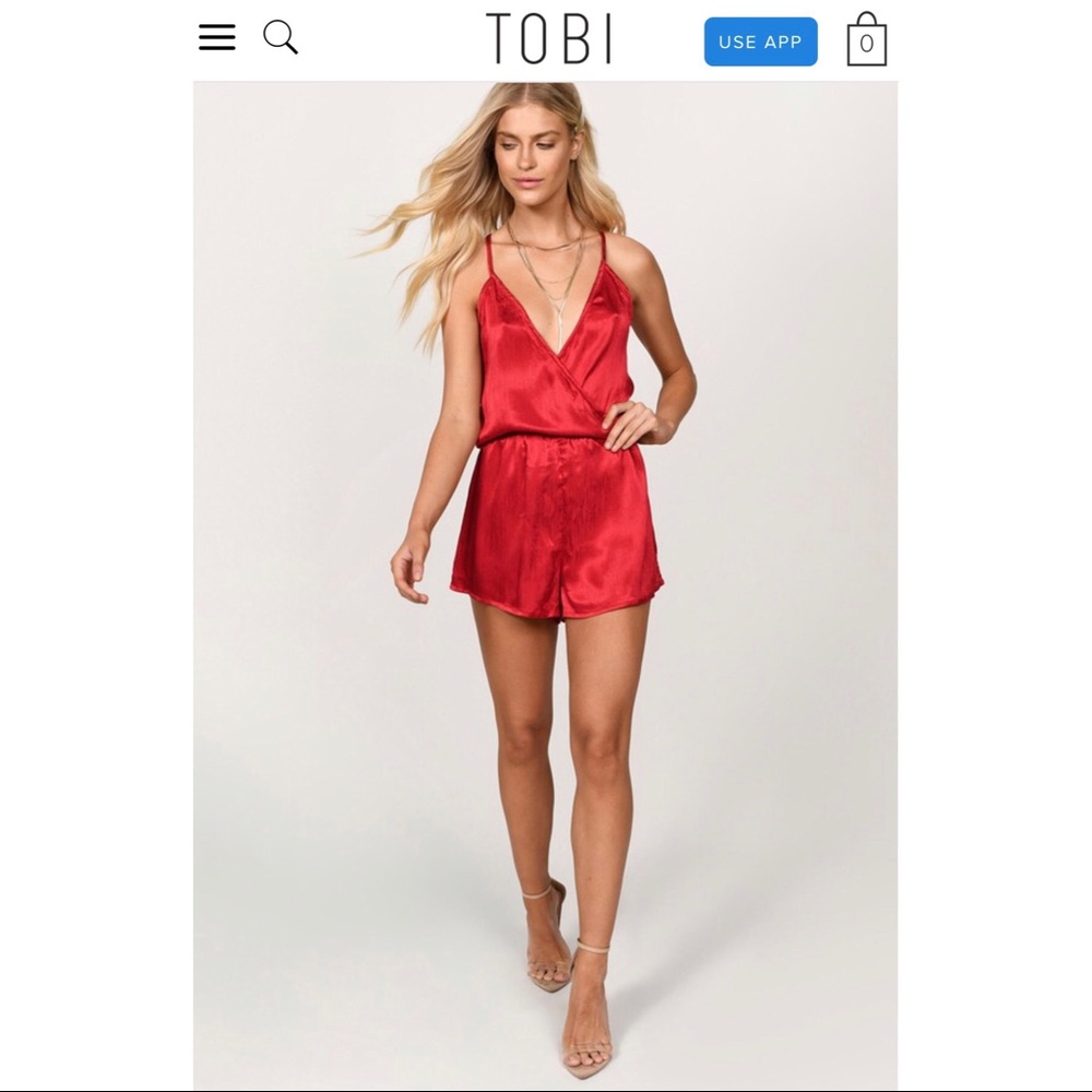 TOBI Alice Surplice Red Satin Romper